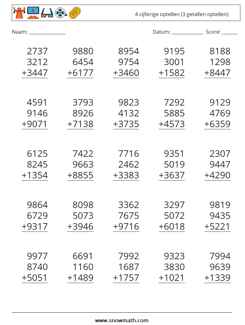 (25) 4-cijferige optellen (3 getallen optellen) Wiskundige werkbladen 7