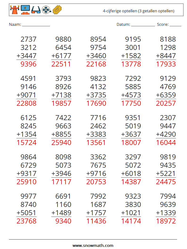 (25) 4-cijferige optellen (3 getallen optellen) Wiskundige werkbladen 7 Vraag, Antwoord