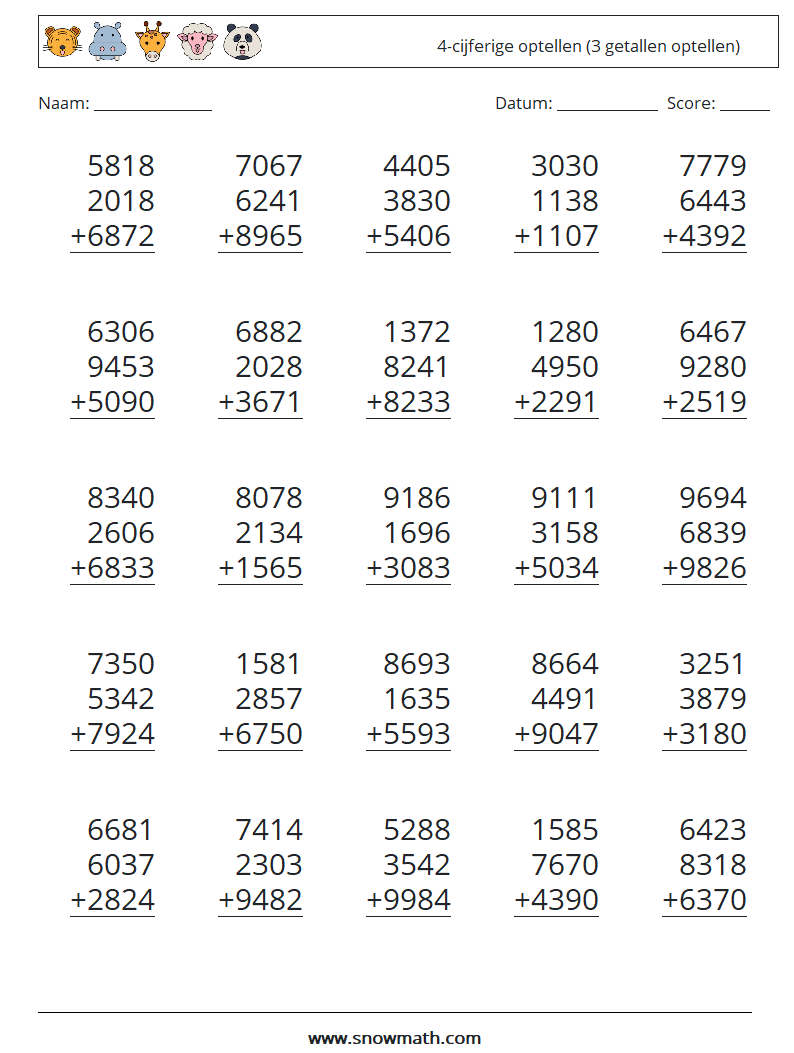 (25) 4-cijferige optellen (3 getallen optellen) Wiskundige werkbladen 8