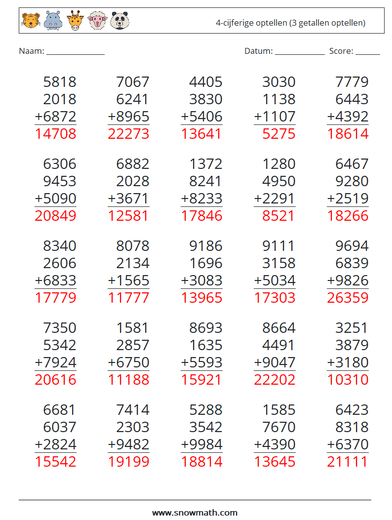 (25) 4-cijferige optellen (3 getallen optellen) Wiskundige werkbladen 8 Vraag, Antwoord