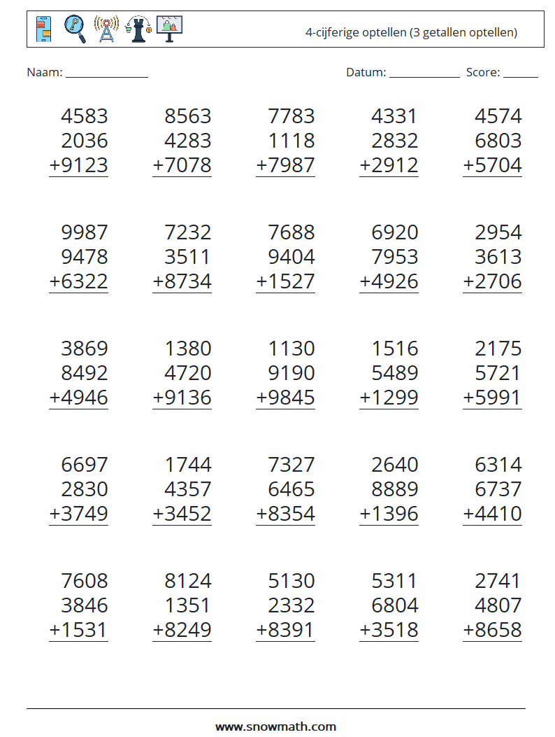 (25) 4-cijferige optellen (3 getallen optellen) Wiskundige werkbladen 9