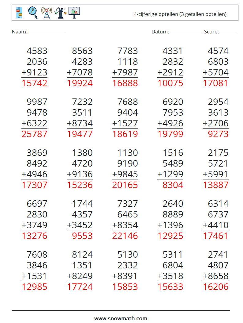 (25) 4-cijferige optellen (3 getallen optellen) Wiskundige werkbladen 9 Vraag, Antwoord