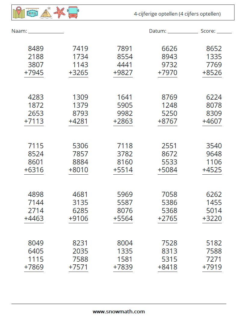 (25) 4-cijferige optellen (4 cijfers optellen)