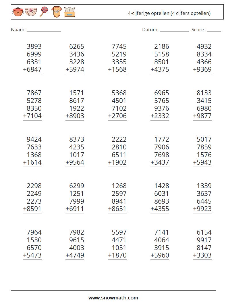 (25) 4-cijferige optellen (4 cijfers optellen) Wiskundige werkbladen 10