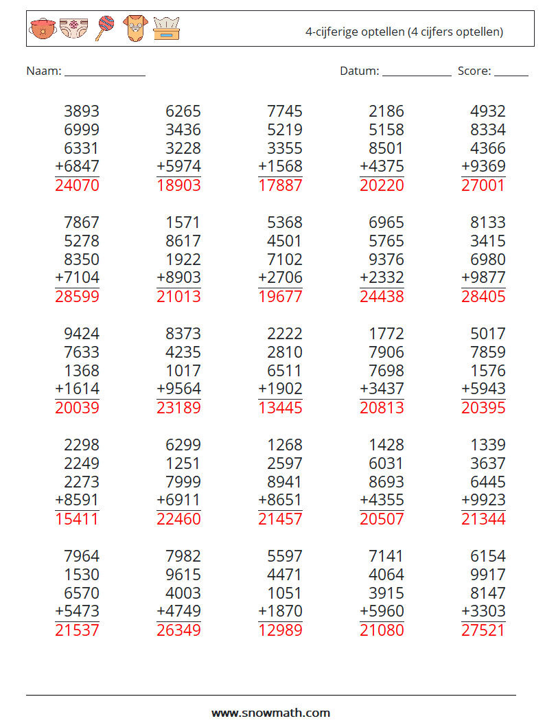 (25) 4-cijferige optellen (4 cijfers optellen) Wiskundige werkbladen 10 Vraag, Antwoord