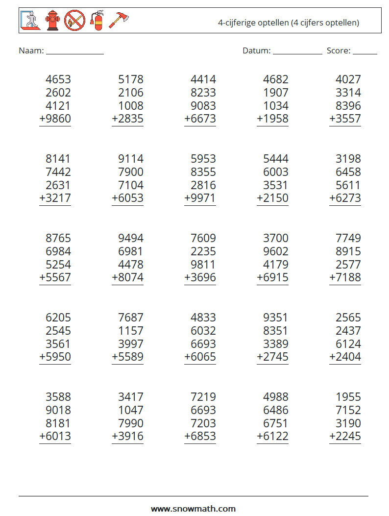 (25) 4-cijferige optellen (4 cijfers optellen) Wiskundige werkbladen 11