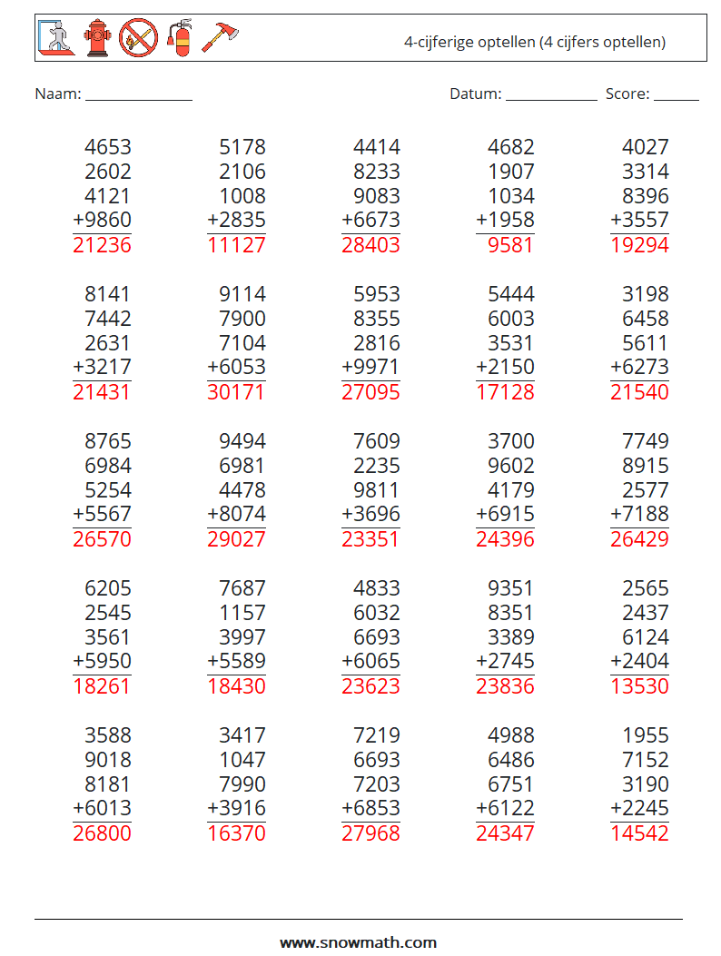 (25) 4-cijferige optellen (4 cijfers optellen) Wiskundige werkbladen 11 Vraag, Antwoord