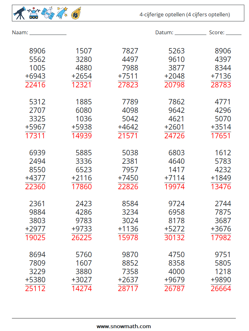 (25) 4-cijferige optellen (4 cijfers optellen) Wiskundige werkbladen 12 Vraag, Antwoord