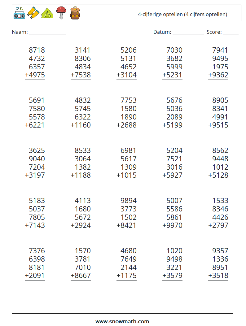 (25) 4-cijferige optellen (4 cijfers optellen) Wiskundige werkbladen 13