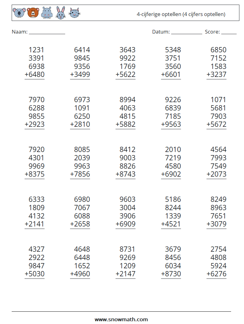 (25) 4-cijferige optellen (4 cijfers optellen) Wiskundige werkbladen 14