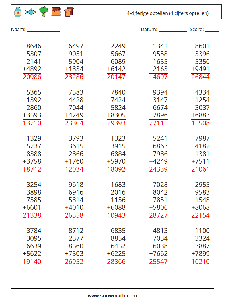 (25) 4-cijferige optellen (4 cijfers optellen) Wiskundige werkbladen 15 Vraag, Antwoord