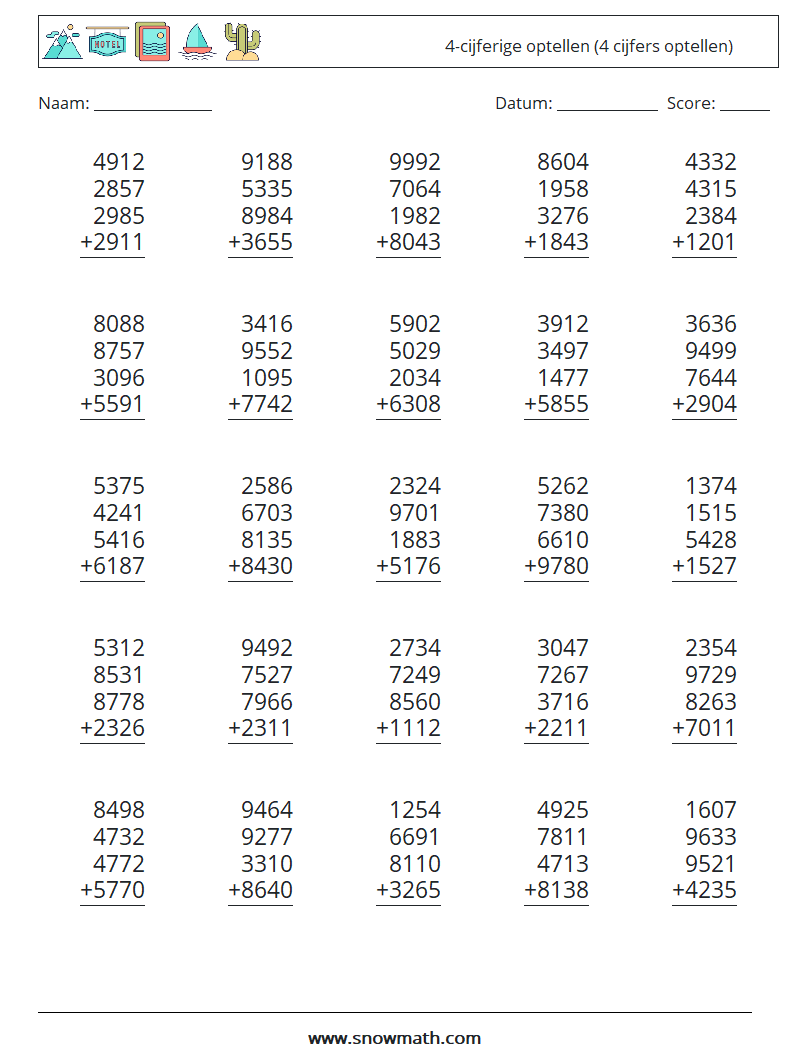 (25) 4-cijferige optellen (4 cijfers optellen) Wiskundige werkbladen 16