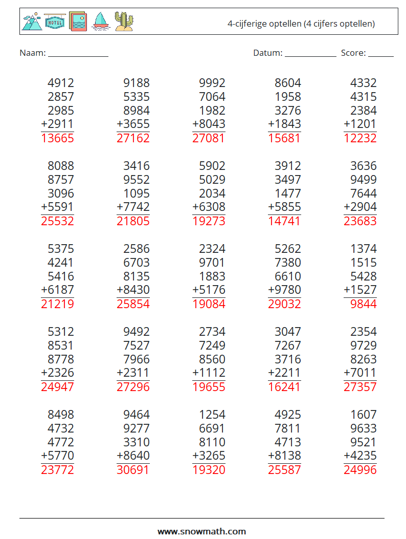 (25) 4-cijferige optellen (4 cijfers optellen) Wiskundige werkbladen 16 Vraag, Antwoord