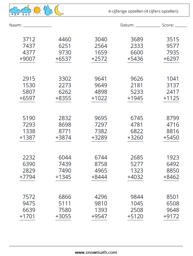 (25) 4-cijferige optellen (4 cijfers optellen) Wiskundige werkbladen 17