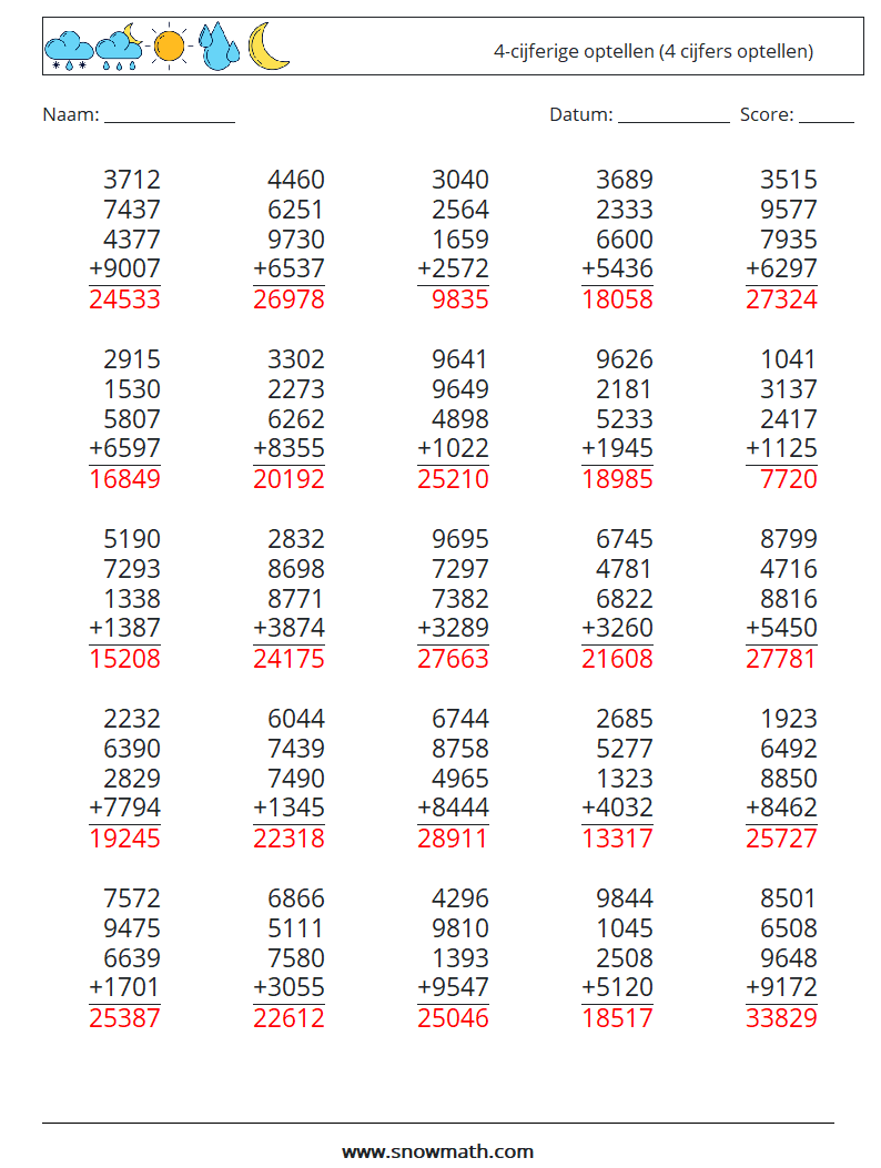 (25) 4-cijferige optellen (4 cijfers optellen) Wiskundige werkbladen 17 Vraag, Antwoord