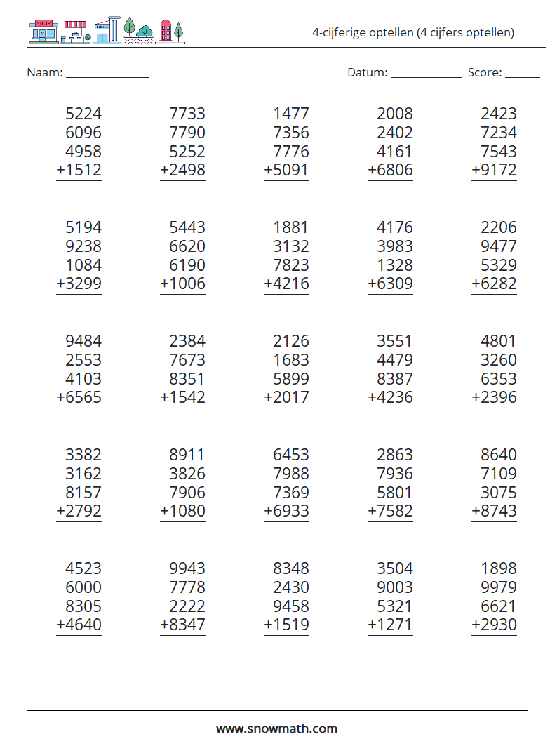 (25) 4-cijferige optellen (4 cijfers optellen) Wiskundige werkbladen 18