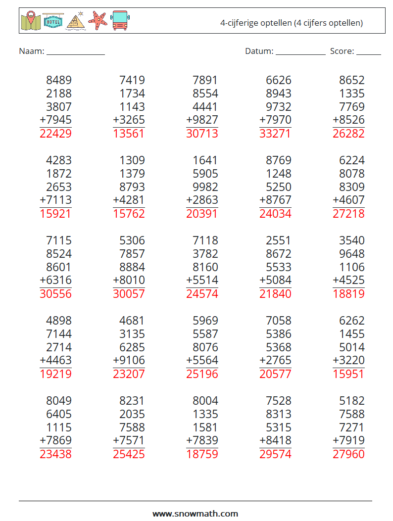 (25) 4-cijferige optellen (4 cijfers optellen) Wiskundige werkbladen 1 Vraag, Antwoord