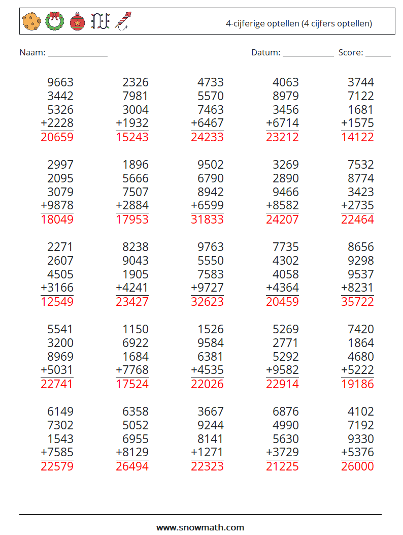 (25) 4-cijferige optellen (4 cijfers optellen) Wiskundige werkbladen 2 Vraag, Antwoord