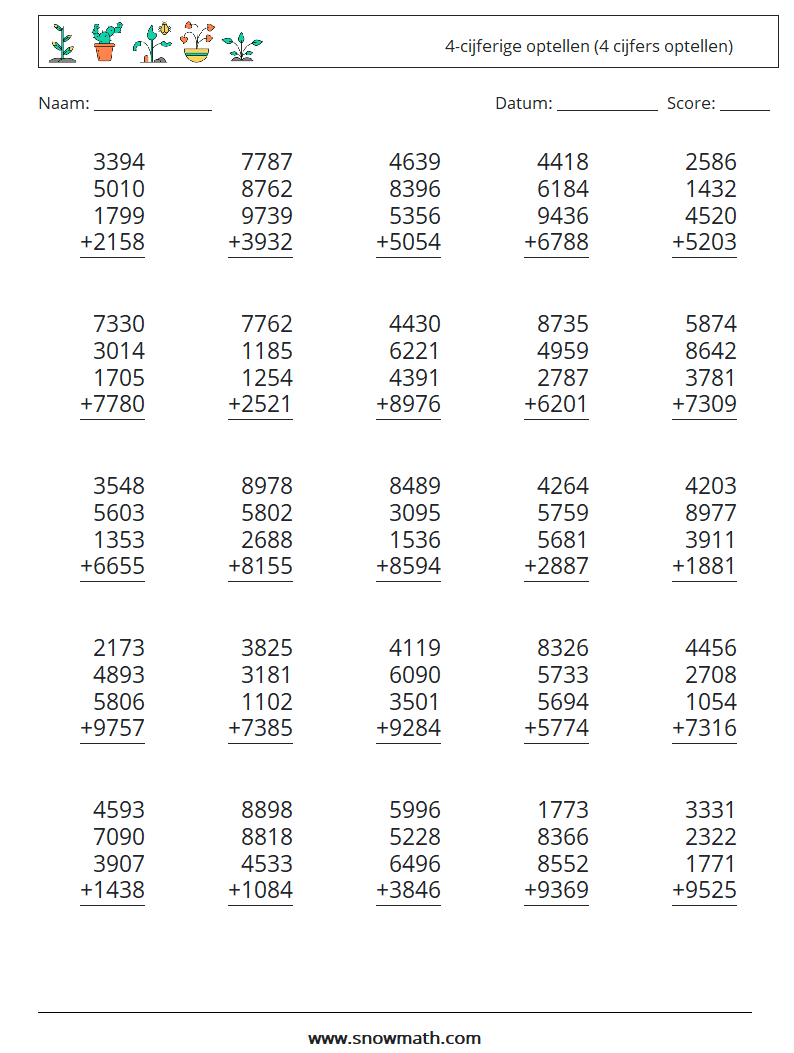 (25) 4-cijferige optellen (4 cijfers optellen) Wiskundige werkbladen 3