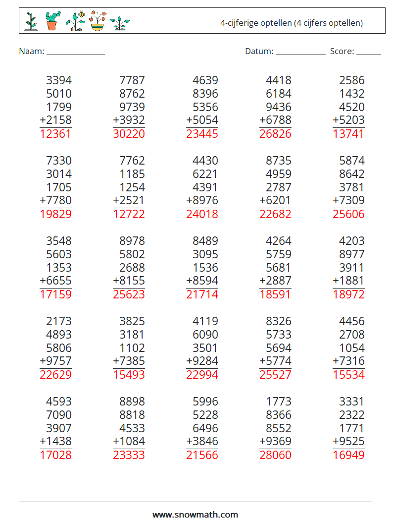 (25) 4-cijferige optellen (4 cijfers optellen) Wiskundige werkbladen 3 Vraag, Antwoord