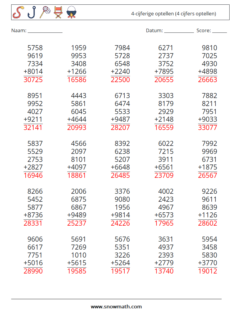 (25) 4-cijferige optellen (4 cijfers optellen) Wiskundige werkbladen 4 Vraag, Antwoord