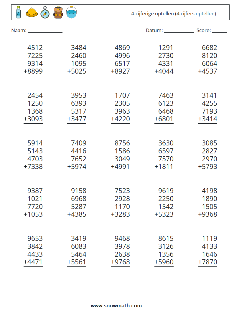 (25) 4-cijferige optellen (4 cijfers optellen) Wiskundige werkbladen 5