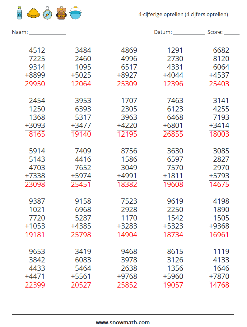 (25) 4-cijferige optellen (4 cijfers optellen) Wiskundige werkbladen 5 Vraag, Antwoord