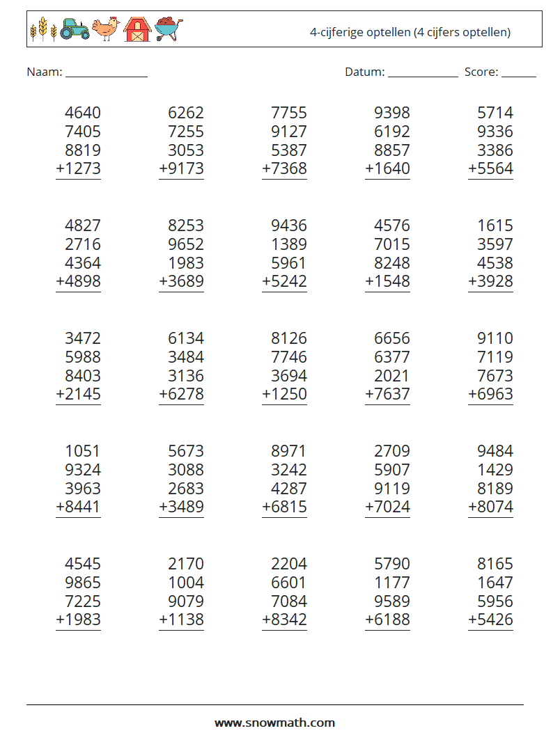 (25) 4-cijferige optellen (4 cijfers optellen) Wiskundige werkbladen 6