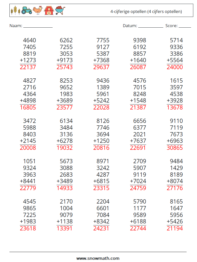 (25) 4-cijferige optellen (4 cijfers optellen) Wiskundige werkbladen 6 Vraag, Antwoord