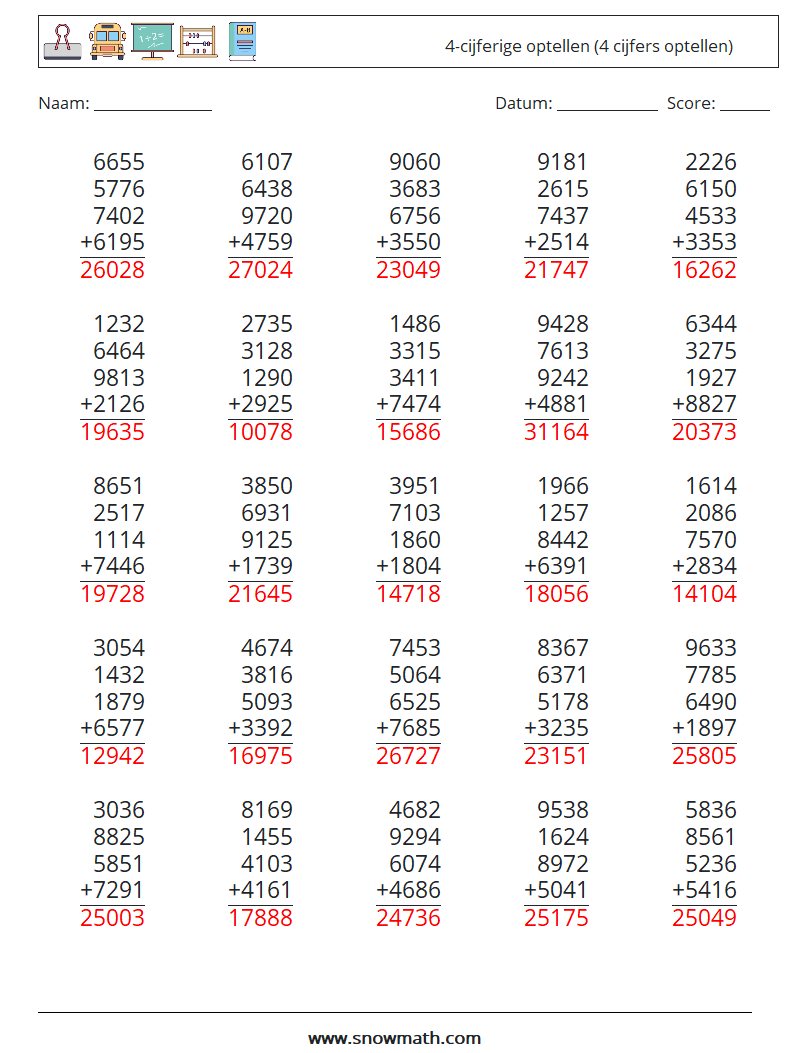 (25) 4-cijferige optellen (4 cijfers optellen) Wiskundige werkbladen 7 Vraag, Antwoord