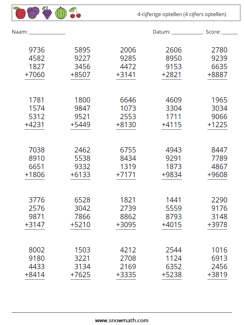 (25) 4-cijferige optellen (4 cijfers optellen) Wiskundige werkbladen 8