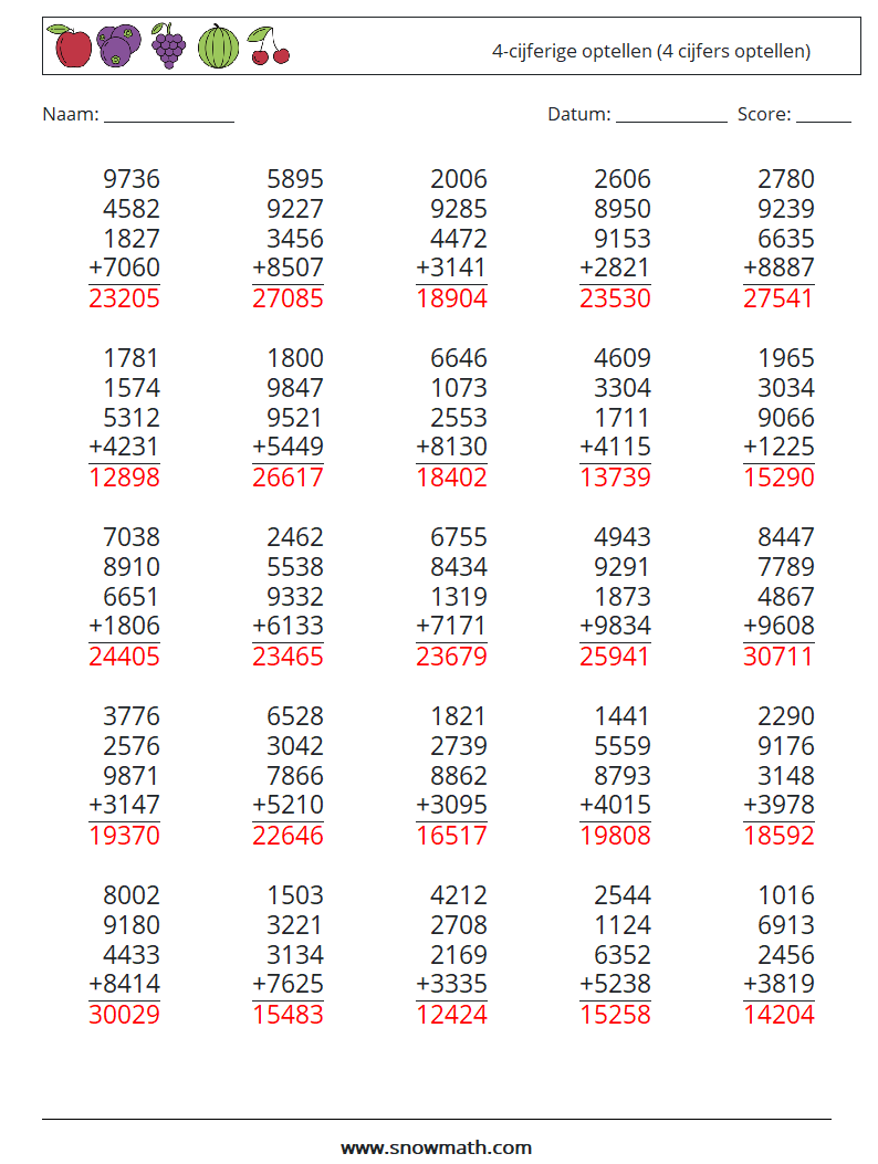 (25) 4-cijferige optellen (4 cijfers optellen) Wiskundige werkbladen 8 Vraag, Antwoord