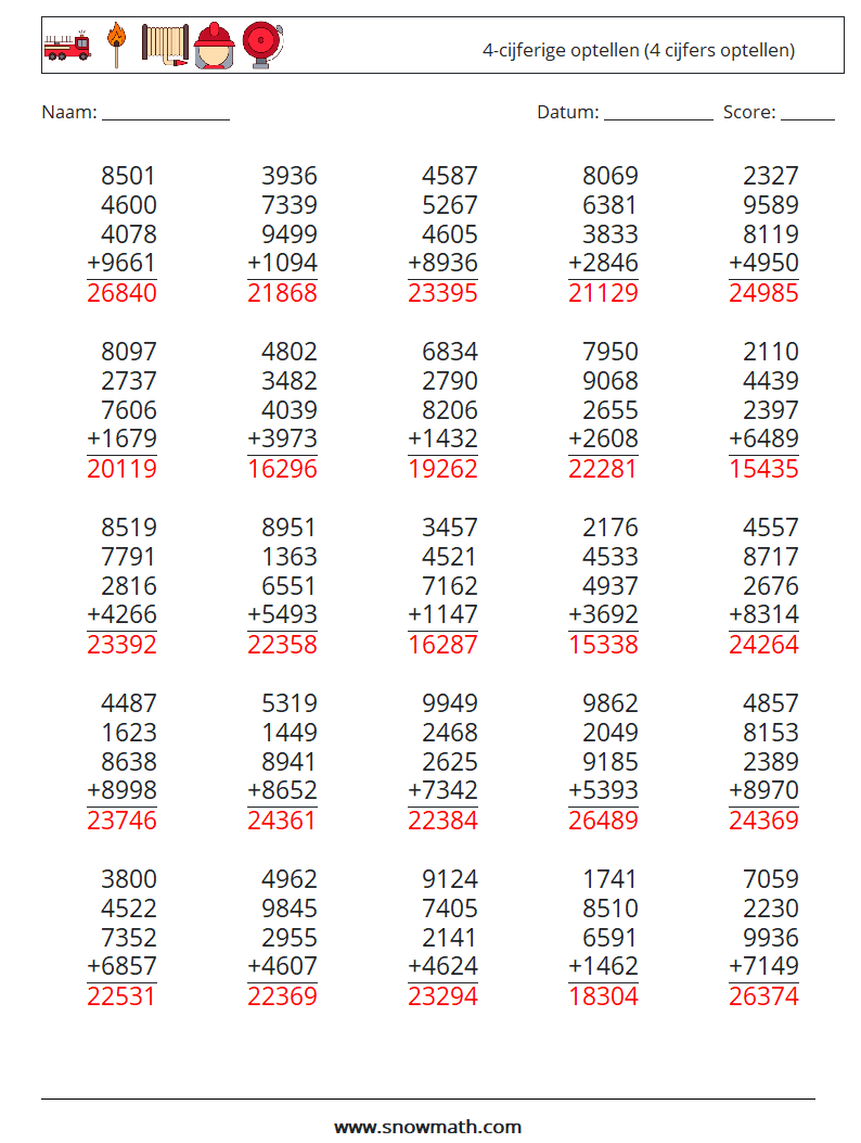 (25) 4-cijferige optellen (4 cijfers optellen) Wiskundige werkbladen 9 Vraag, Antwoord