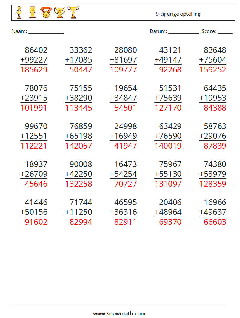 (25) 5-cijferige optelling Wiskundige werkbladen 10 Vraag, Antwoord