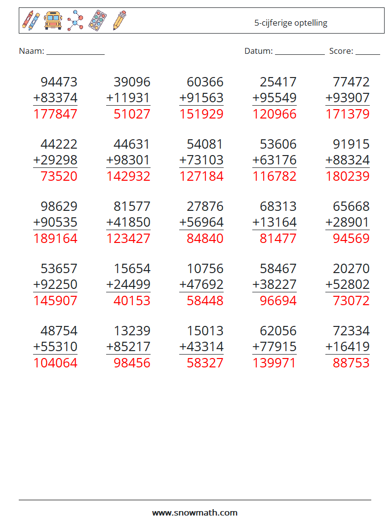 (25) 5-cijferige optelling Wiskundige werkbladen 13 Vraag, Antwoord