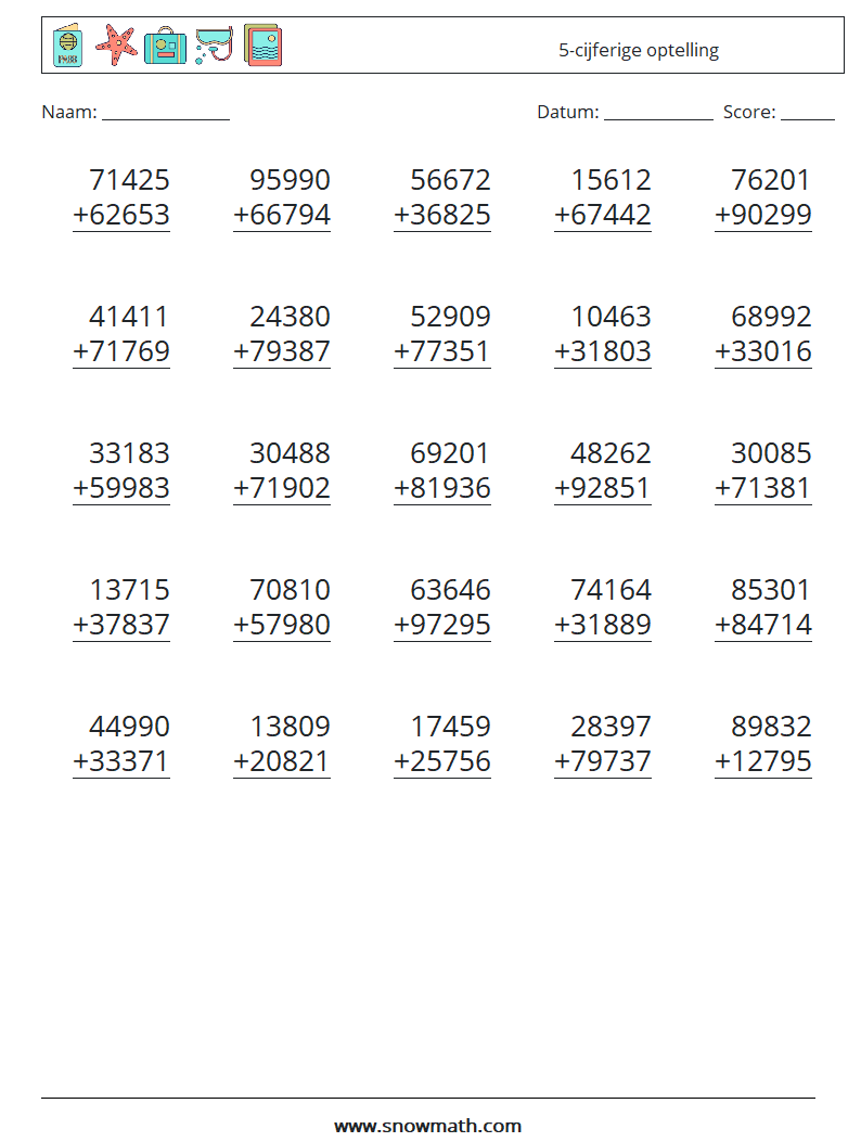 (25) 5-cijferige optelling Wiskundige werkbladen 14