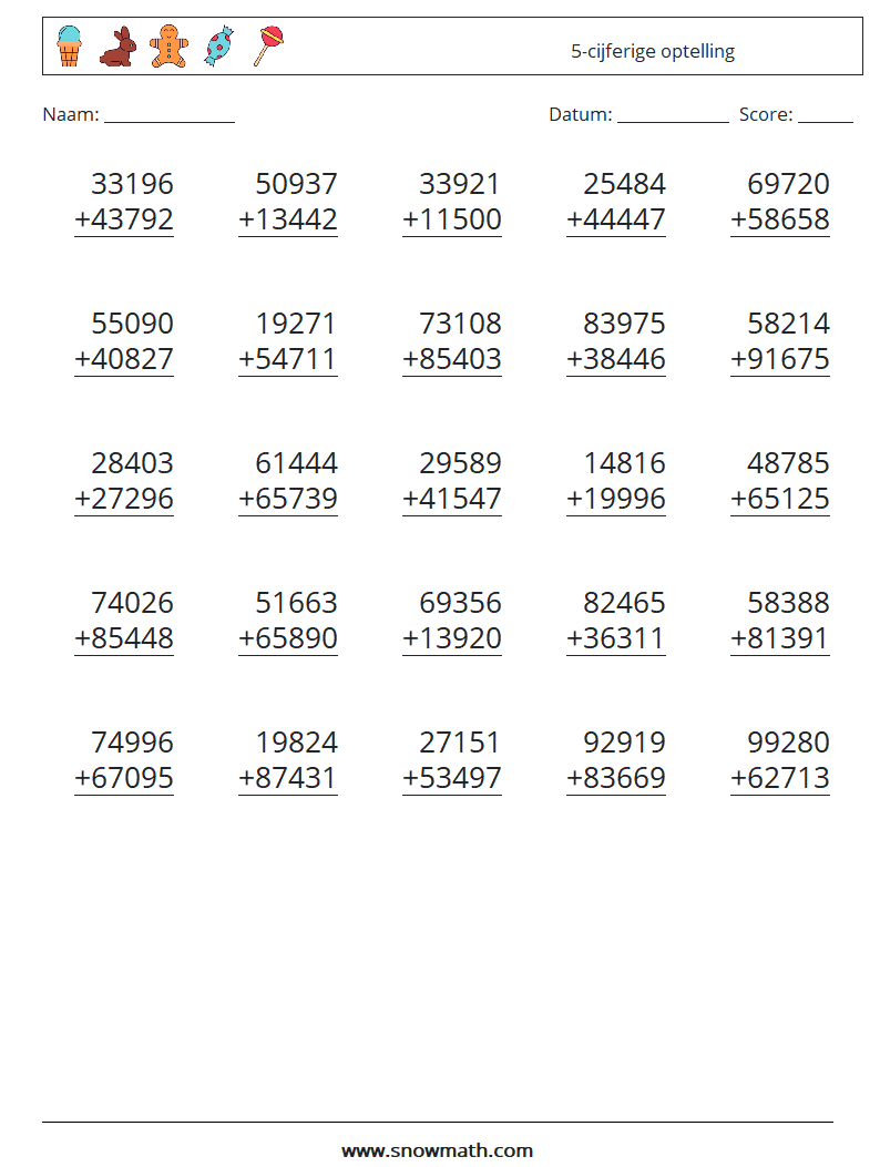 (25) 5-cijferige optelling Wiskundige werkbladen 15