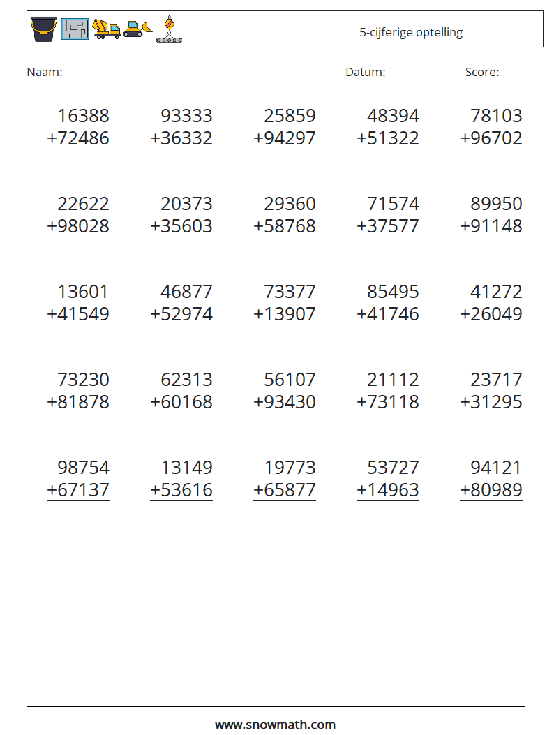 (25) 5-cijferige optelling Wiskundige werkbladen 16