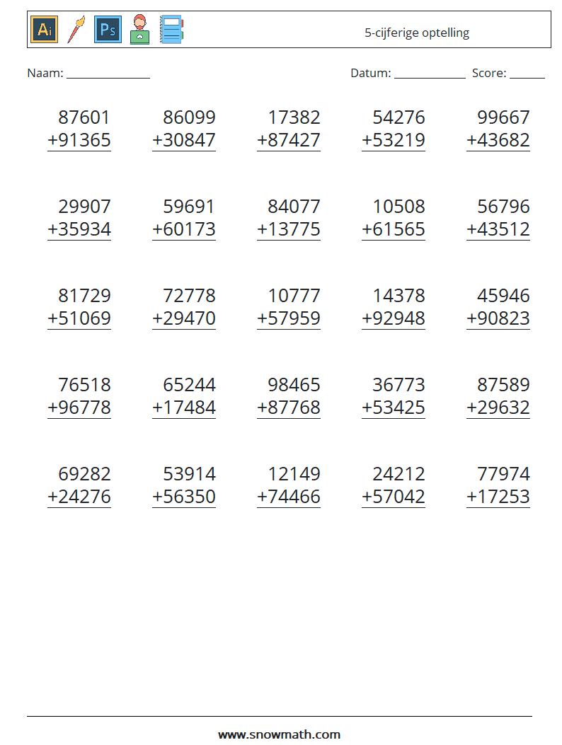(25) 5-cijferige optelling Wiskundige werkbladen 5