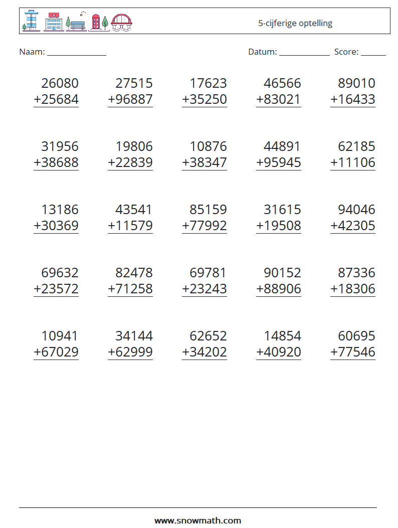 (25) 5-cijferige optelling Wiskundige werkbladen 6