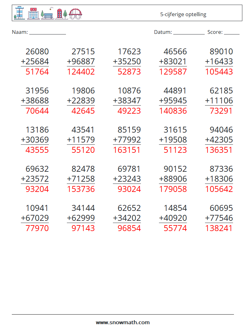 (25) 5-cijferige optelling Wiskundige werkbladen 6 Vraag, Antwoord