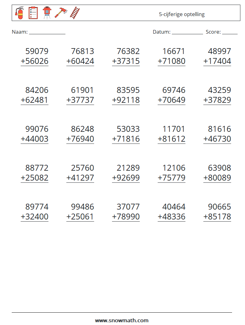 (25) 5-cijferige optelling Wiskundige werkbladen 8
