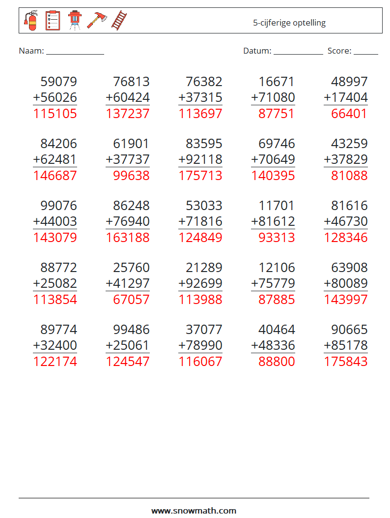 (25) 5-cijferige optelling Wiskundige werkbladen 8 Vraag, Antwoord