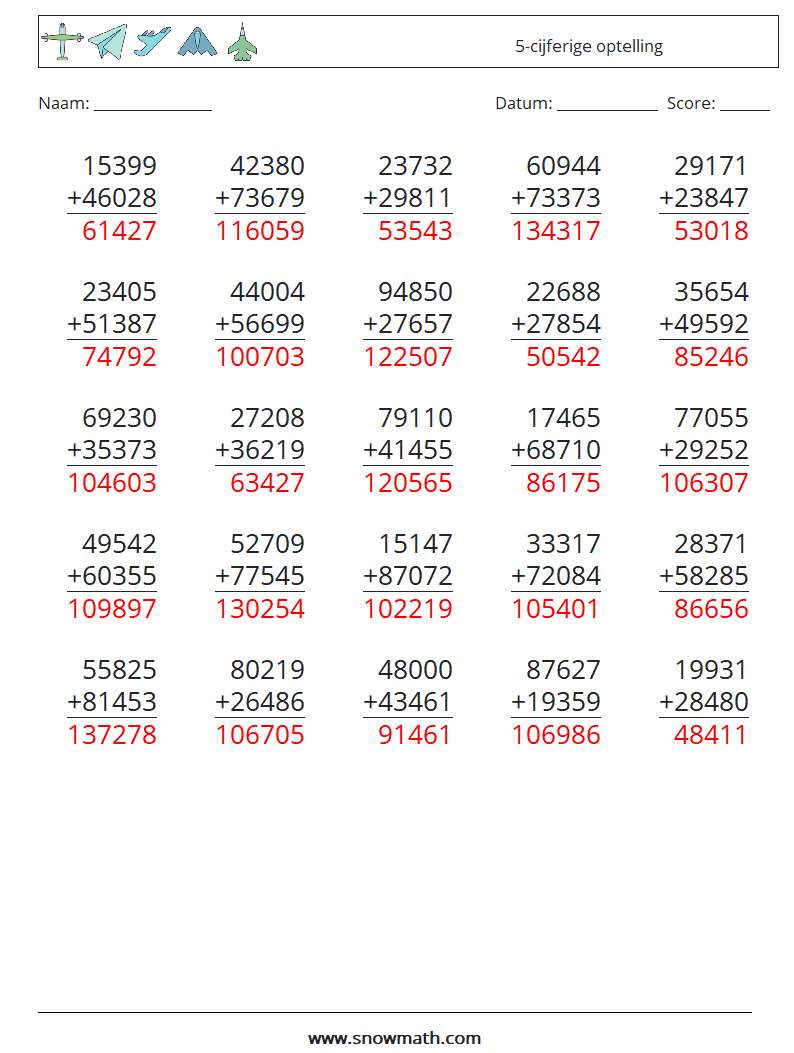 (25) 5-cijferige optelling Wiskundige werkbladen 9 Vraag, Antwoord