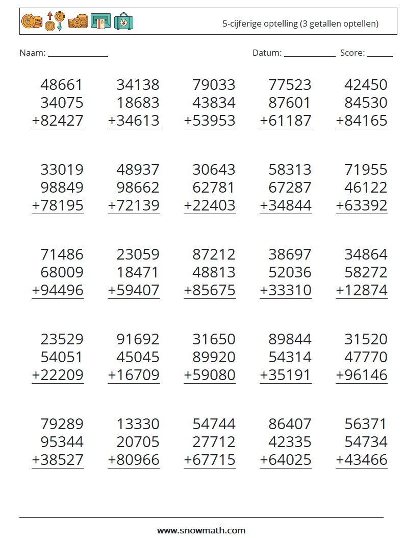 (25) 5-cijferige optelling (3 getallen optellen) Wiskundige werkbladen 1