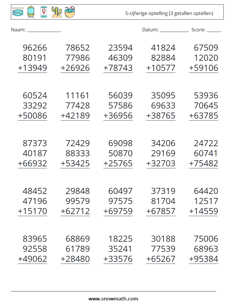 (25) 5-cijferige optelling (3 getallen optellen) Wiskundige werkbladen 10