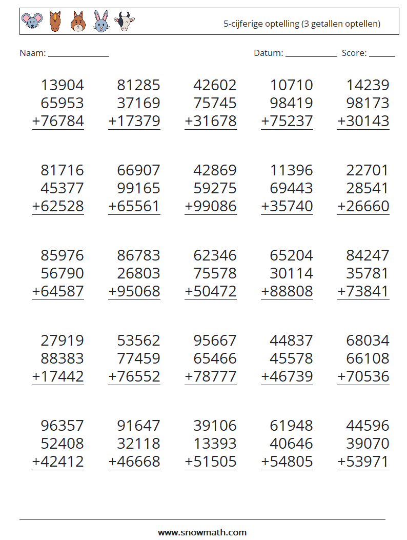 (25) 5-cijferige optelling (3 getallen optellen) Wiskundige werkbladen 11