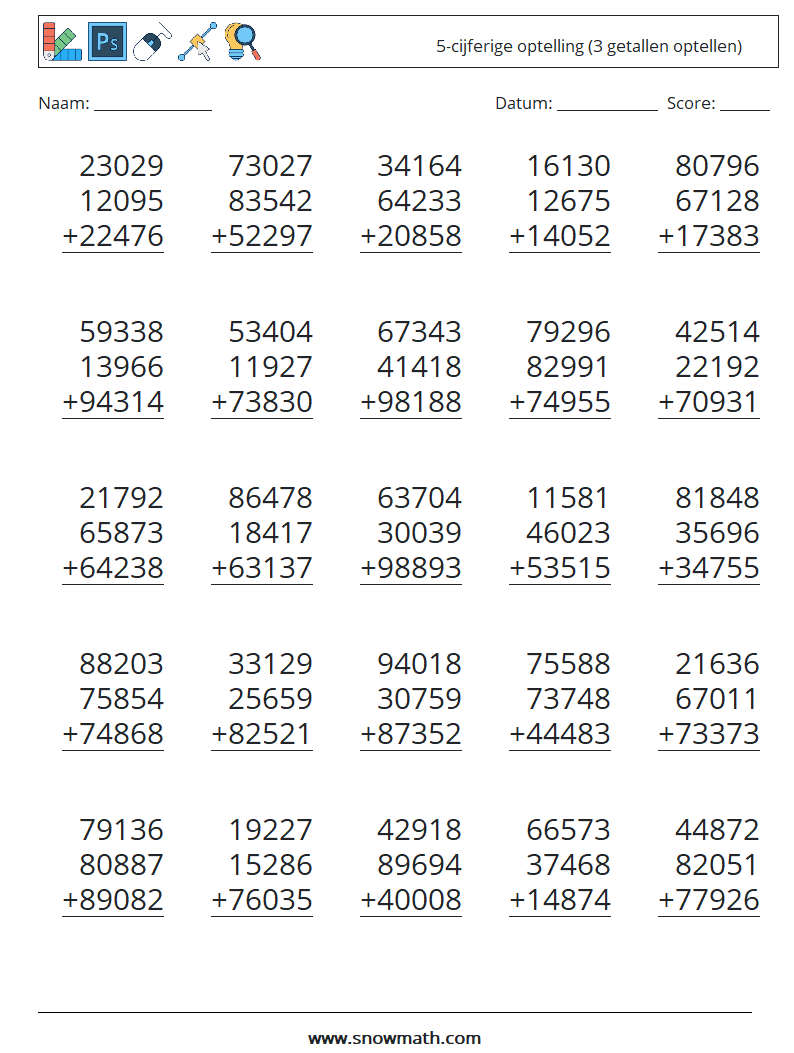 (25) 5-cijferige optelling (3 getallen optellen) Wiskundige werkbladen 12