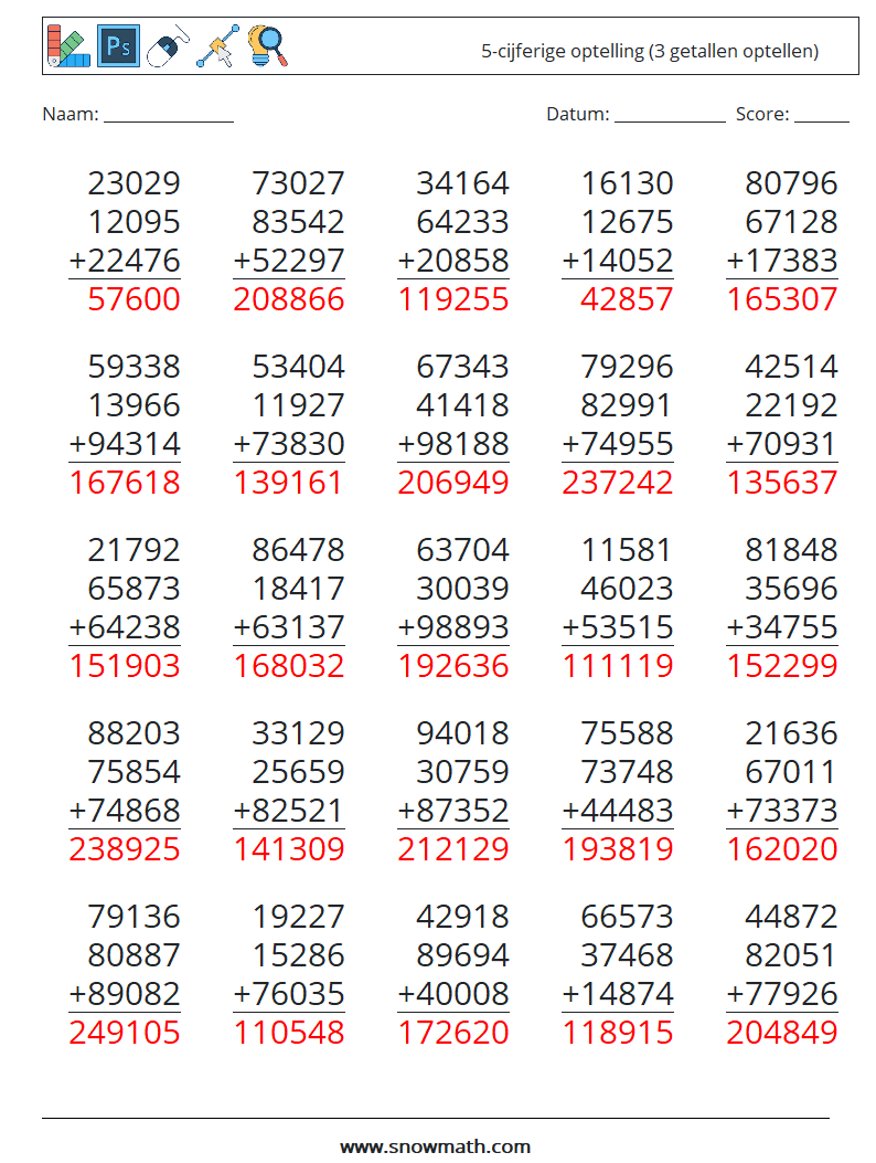 (25) 5-cijferige optelling (3 getallen optellen) Wiskundige werkbladen 12 Vraag, Antwoord