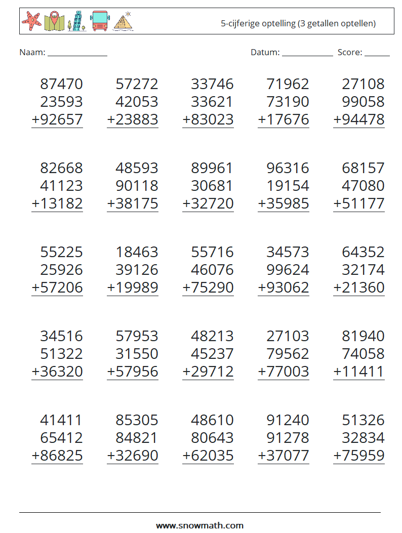 (25) 5-cijferige optelling (3 getallen optellen) Wiskundige werkbladen 13